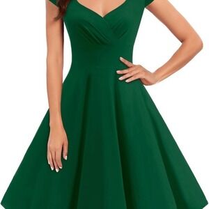 Cbonfinedress Women Solid Cap Sleeve V Neck‎ Fit Flare Midi Dress Green Size M